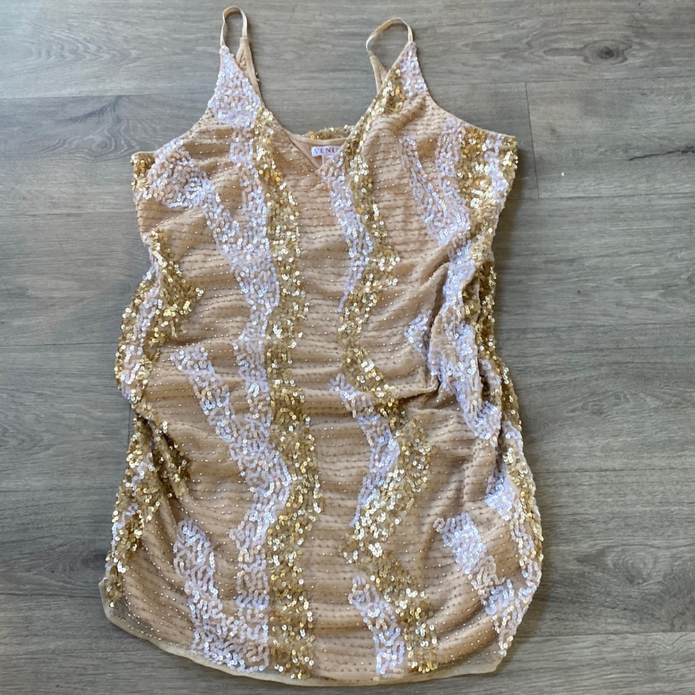 NEW Cream, Gold, White Sequin and Beaded spaghetti strap with v neck XL